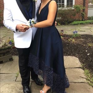 Betsy & Adam High-Low Satin Prom Dress